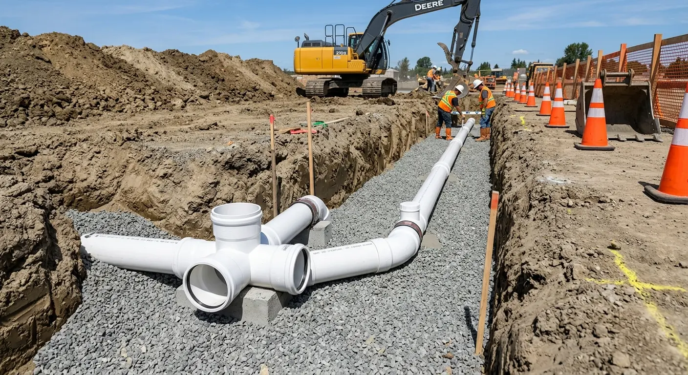 New PVC sewer pipe installation in open trench for Commercial Drain Cleaning in Onalaska