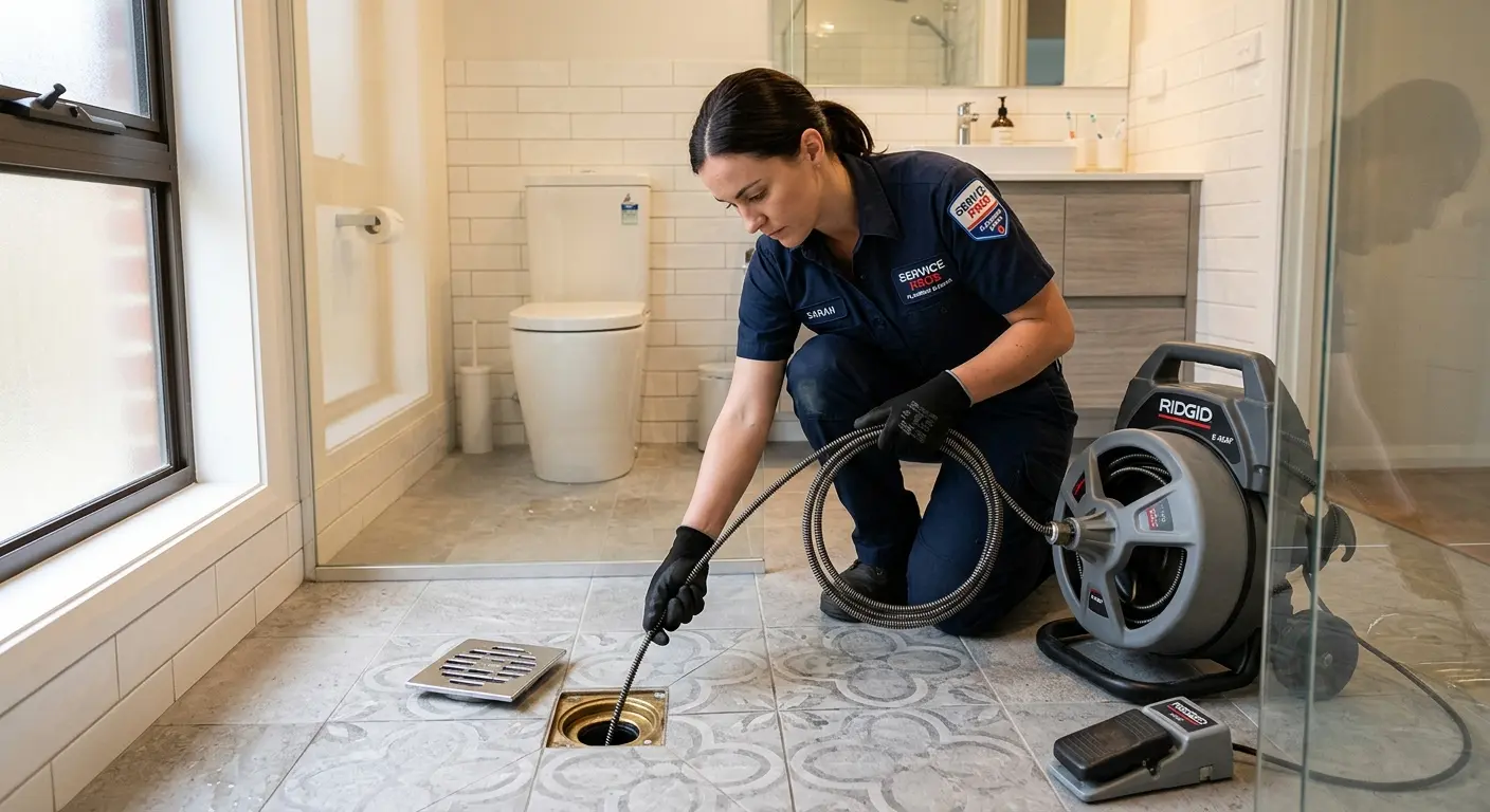 Technician clearing a bathroom floor drain for Drain Repair in Onalaska